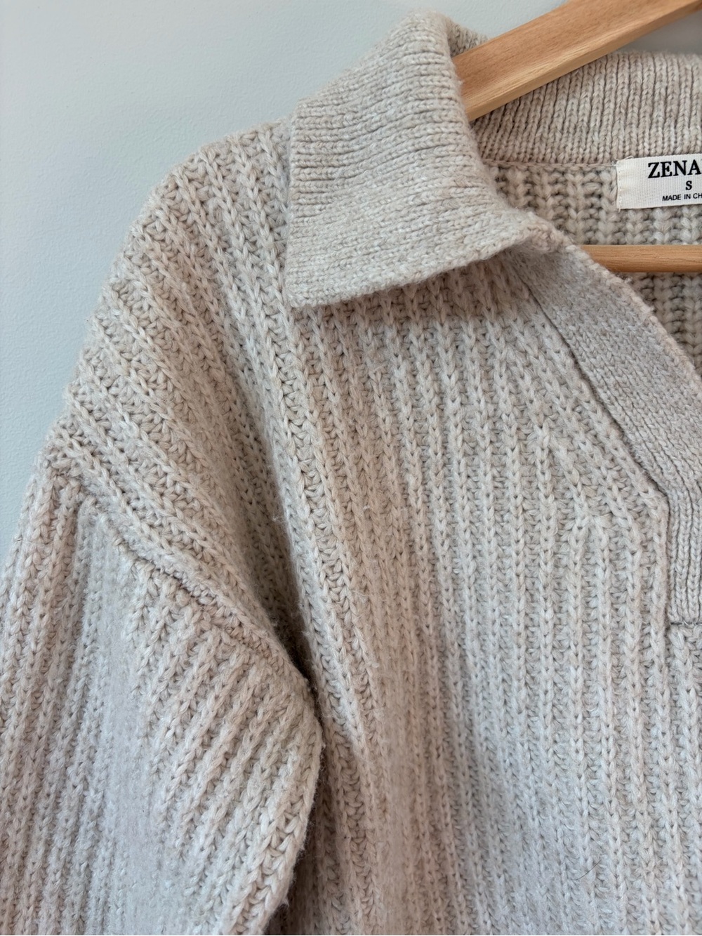 Zenana Oatmeal Ribbed Knit Collared Sweater - Picture 4 of 5